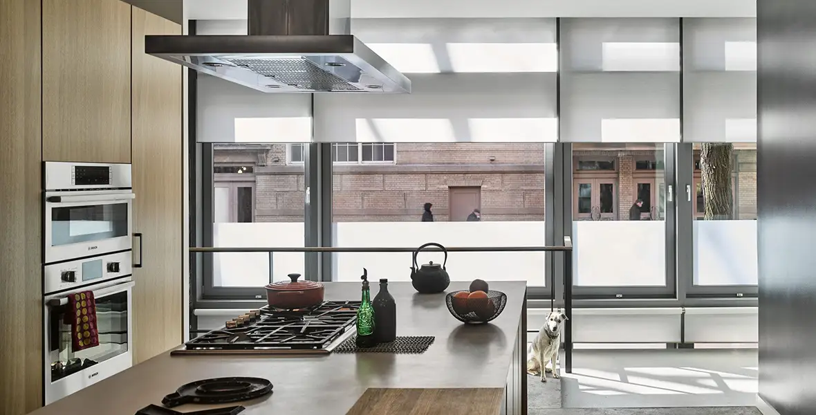 a kitchen with a dog in the background